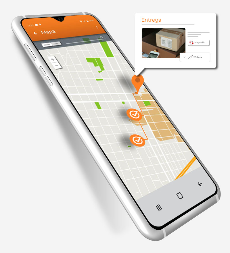 Dispositivo móvil flotante con un mapa de rutas de entrega