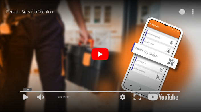 tecnico de fondo, un telefono que muestra los modulos de persat y sobresale ordenes de trabajo