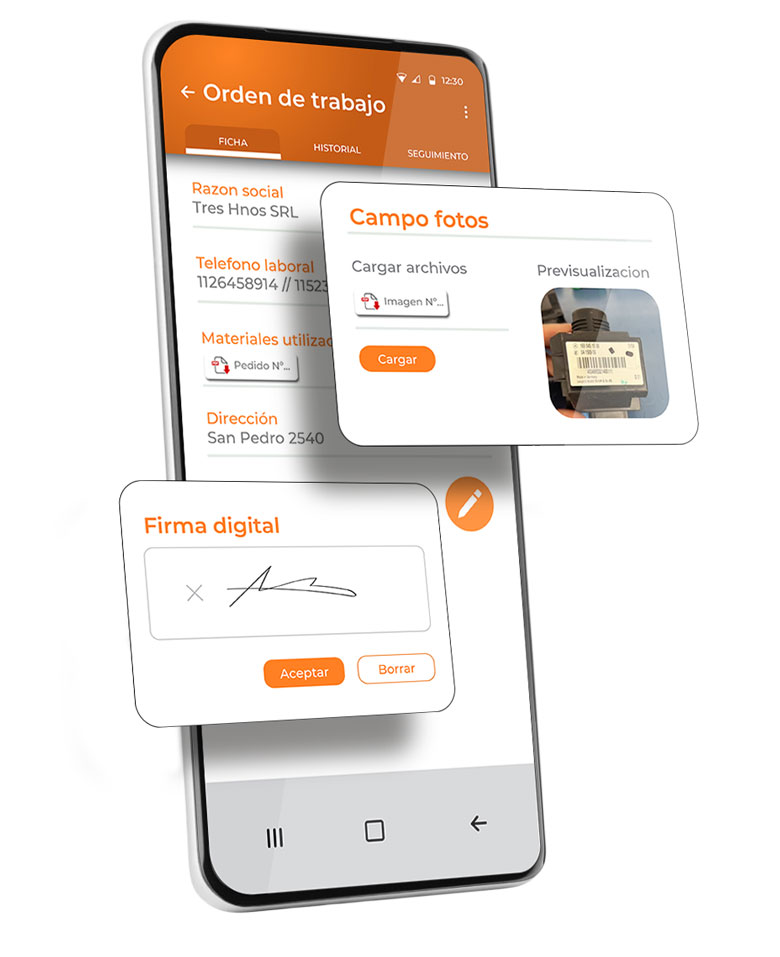 celular visualizando una orden de trabajo, la cual tiene un campo foto y un campo firma digital